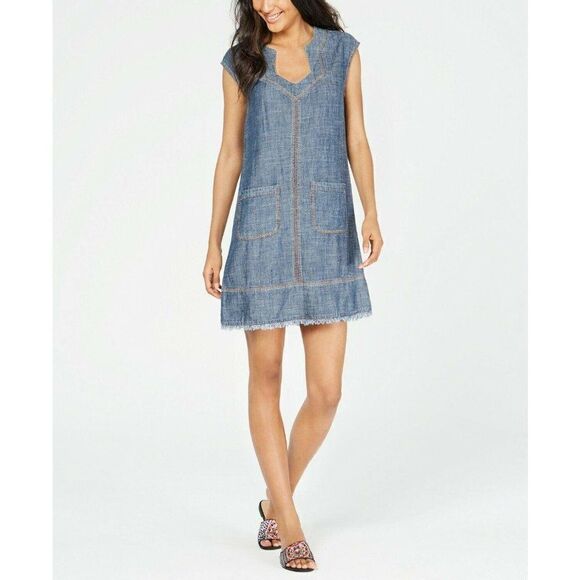 Trina Turk Shift Dress S Blue Chambray Frayed-Hem - Picture 7 of 9